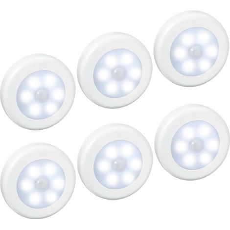(6 Pack) Lampes LED à Détecteur, Lampe Détecteur de Mouvement, Lampe de Placard, Alimenté par Batterie (non Inclus), Lampe LED pour Escalier, Armoires, Placards, Facilité d'installation (Blanc (1/5)