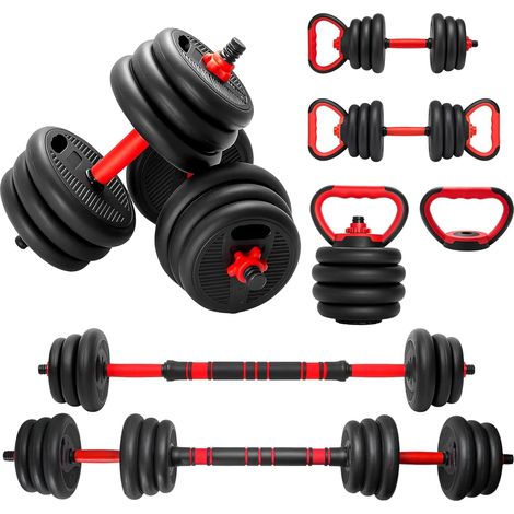 Trintion 4-in-1 Adjustable Dumbbell Set with Barbell & Kettlebell Handles, Free Weights Training Kit for Home Gym Fitness, 20kg Black/Red (1/5)