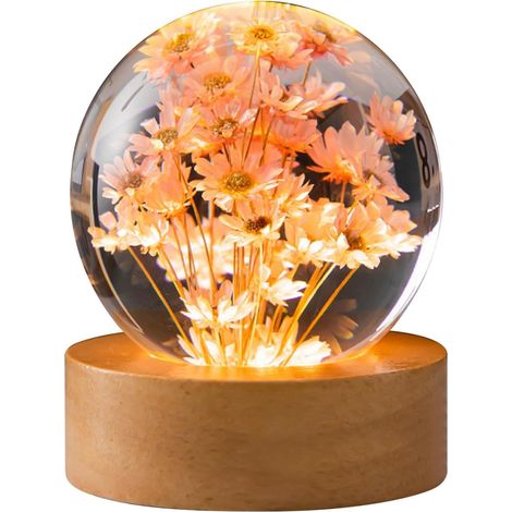 Lampada da notte a forma di sfera di cristallo a forma di fiore, lampada a sfera di vetro da 6 cm con base in legno e luce a LED, lampada da notte a forma di fiore con ricarica USB e supporto (margher