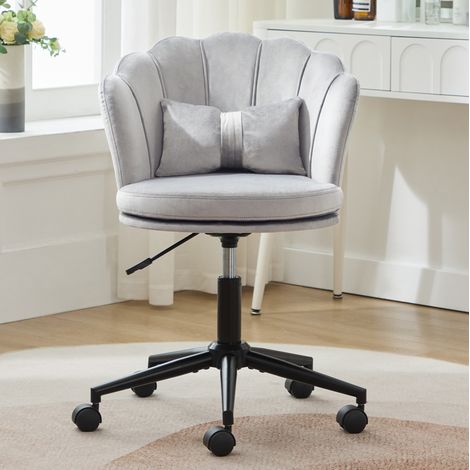 Chaise de bureau 55x62x73-83 cm grise en velours avec hauteur réglable, rotation 360° et coussin lombaire (1/5)