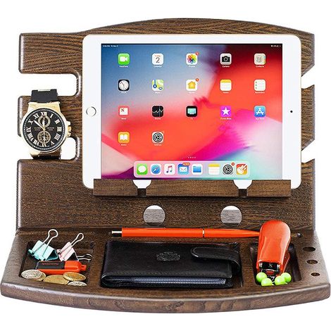 Porte-téléphone en noyer pour bureau, organisateur de bureau cadeau homme, support montre et pièces, idée cadeau papa pour fête des pères et Noël (1/5)