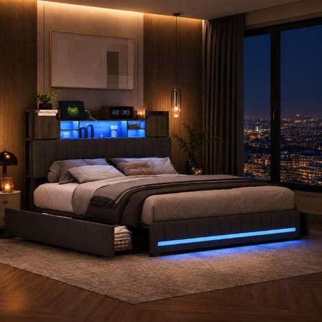 Lit 140x190 avec Sommier LED et USB,Lit Double rembourré avec sommier à Lattes et 4 Tiroirs,Tete de lit avec Rangement,2 Personnes pour Adultes et Adolescents,Lin (Gris, 140 x 190 cm) (1/5)