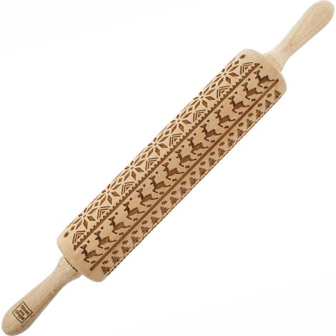Mattarello in legno MoodForWood, inciso, 43 cm con manici, perfetto per la cottura al forno - Modello norvegese (1/5)