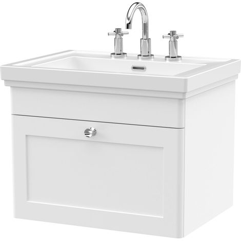Nuie Classique Wall Hung 1-Drawer Vanity Unit with Basin 600mm Wide Satin White - 3 Tap Hole (1/5)