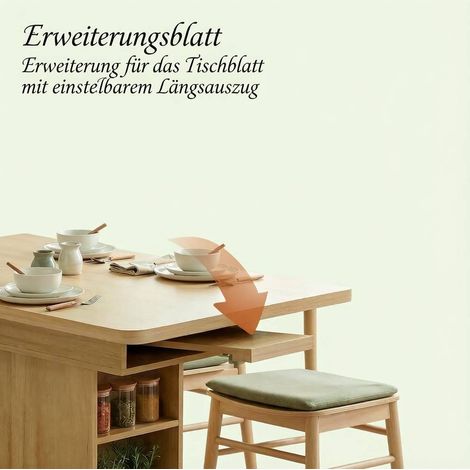 Table à manger extensible rectangulaire en MDF effet bois naturel 110-130 cm pour 4-6 personnes avec 6 étagères ouvertes (1/5)