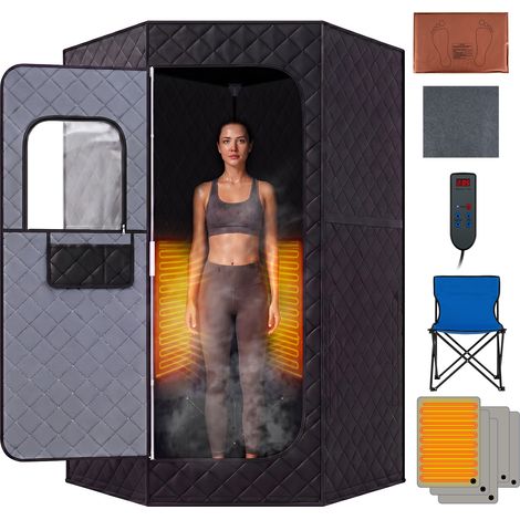 Sauna Infrarouge Portable, Cabine de Sauna Intérieur Pliable avec Chauffage Carbone et Tapis pour Pieds, 6 Niveaux de Température, 90 x 90 x 180 cm