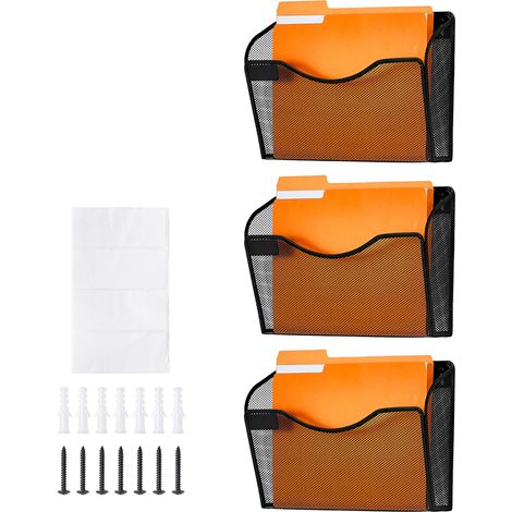 Mophorn Support mural pour dossiers, 3 pièces, 1 poche en maille, support mural pour magazines, courrier, papier et documents, organiseur mural en métal avec étiquette, pour bureau, maison et école (1/5)