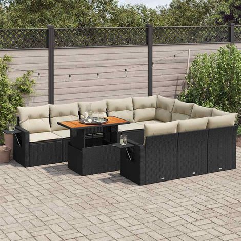 Ensemble Jardin 11 Pièces Noir Résine Tressée avec Coussins Crème - Salon Extérieur Modulaire Table Réglable et Rangement Intégré (1/5)
