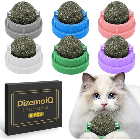 Lot de 6 balles d'herbe à chat avec support mural, pierre à lécher rotative, jouet anti-stress, accessoire pour chat (1/5)