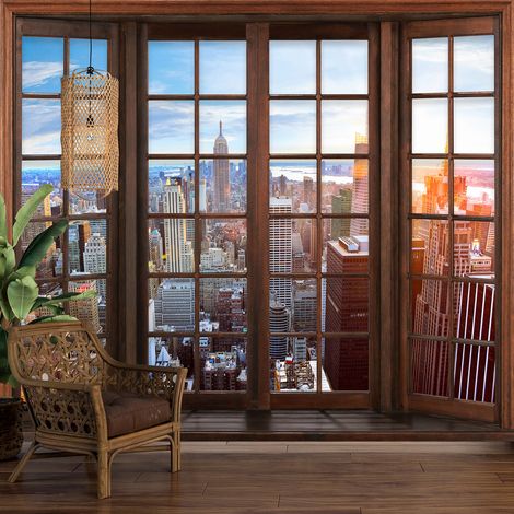 Papier peint panoramique Trompe l'oeil Fenêtre en bois - New York - 130 cm x 104 cm (1/5)