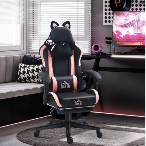 Sedia gaming con orecchie da gatto, inclinabile 135°, poggiapiedi, nero e rosa OKMYHOME (1/5)
