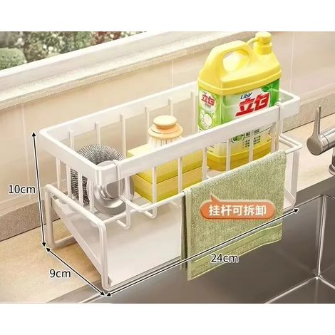 Porte-éponge (BLANC) pour évier de cuisine, étagère en acier inoxydable avec système d'égouttage intégré, porte-savon, porte-éponge, porte-torchon, panier filtre (1/5)