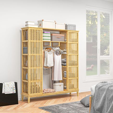 Armoire en bambou avec 2 portes coulissantes. étagères et tringle. grande armoire pour la chambre. 145 x 35 x 165cm