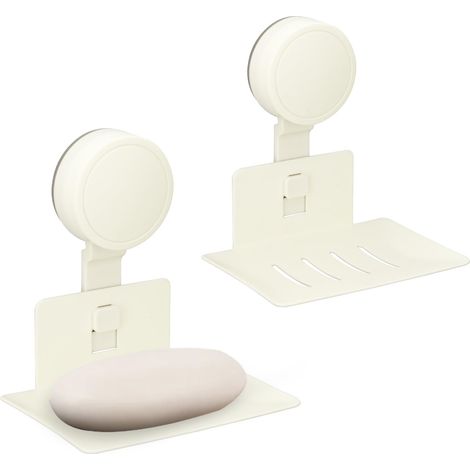 Lot de 2 porte-savon à ventouse pour douche, support mural auto-drainant, sans perçage, pour salle de bain, baignoire, évier de cuisine, blanc cassé (1/5)