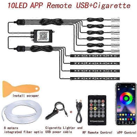 Éclairage d'ambiance intérieur LED néon pour voiture, bande LED RGB fibre optique 315 pouces, télécommande via application USB et contrôle du son, lampe décorative pour véhicule (10 en 1, télécommande (1/5)