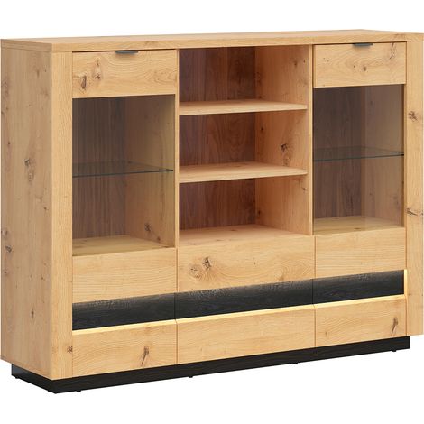 Petits-Meubles – Vaisselier bas 2 portes 2 tiroirs avec LED – Finition bois chêne noir effet brûlé – Verre trempé – Système de fermeture silencieuse