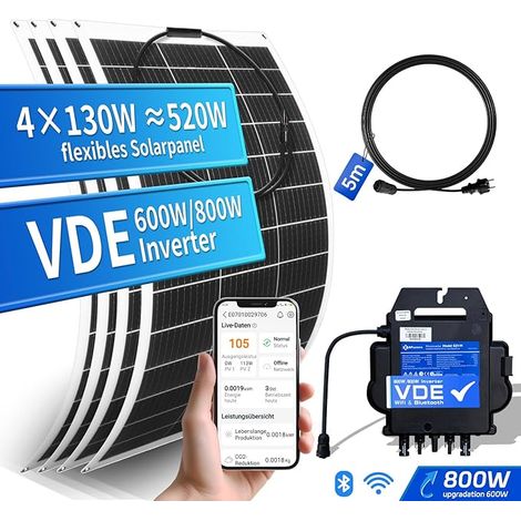 ECO-WORTHY Balkonkraftwerk 520W/600W,balkonkraftwerk komplett Steckdose mit 4x130W Solarpanel Flexibel und 600W/800W APsystems Wechselrichter mit VDE Relais