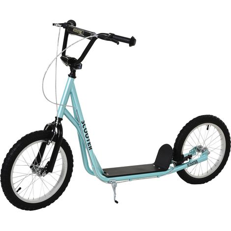 Patinete para niños a partir de 5 años. Ruedas grandes de goma. Manillar ajustable. Freno y caballete. Estructura de acero. Carga máxima: 100 kg. Color azul.