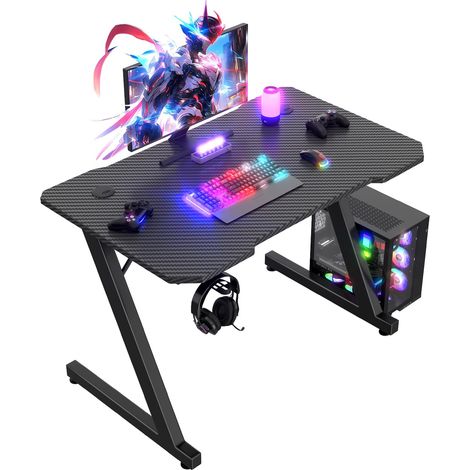 Bureau Gaming 80 x 52 cm, Fibre de Carbone, Crochet pour Casque (1/5)
