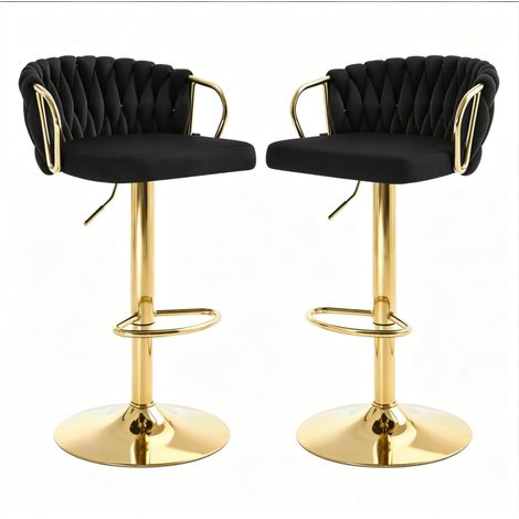 Set de 2 taburetes de bar negros de terciopelo y metal con respaldo, reposabrazos y altura regulable (1/5)