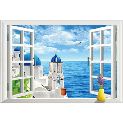 Sticker mural 3D représentant la mer Égée, imitation fenêtre, paysage décoratif pour salon et maison. (1/5)