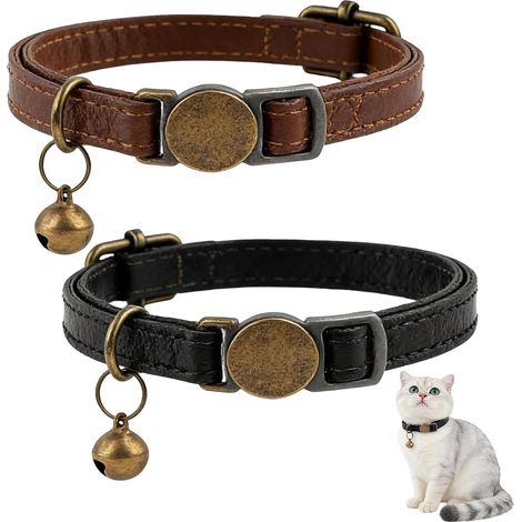 Ensemble de deux colliers pour chat, collier en cuir véritable, collier réglable pour chiot, collier anti-étirement, avec ceinture de sécurité élastique, convient aux petits chats et aux chiots (noir (1/5)