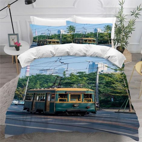 Bettwäsche-Set 155x220 cm mit 2 Kissenbezügen 80x80 cm, 3D-Motiv Zug, 100% Mikrofaser, pflegeleicht