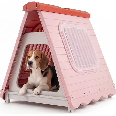 COSTWAY Cuccia Pieghevole per Cani,con Porta a Battente Bloccabile e Finestre Ventilate,Rosa (1/5)