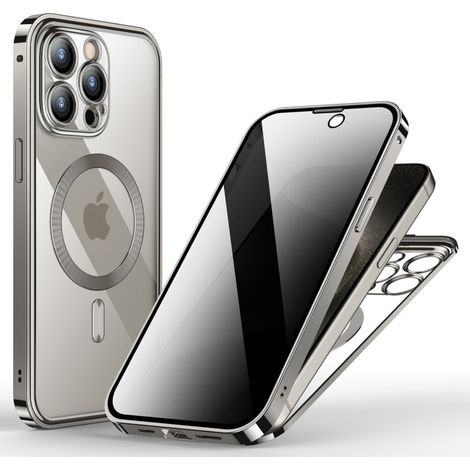 Hülle für iPhone 15 Pro Max, Sichtschutz aus doppeltem Glas, mit MagSafe-Anschluss, silber (1/5)