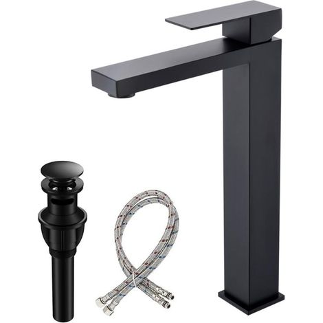Robinet de salle de bain : Robinet de lavabo haut noir mat - Modèle monotrou avec bonde clic-clac pour meuble-lavabo (1/5)