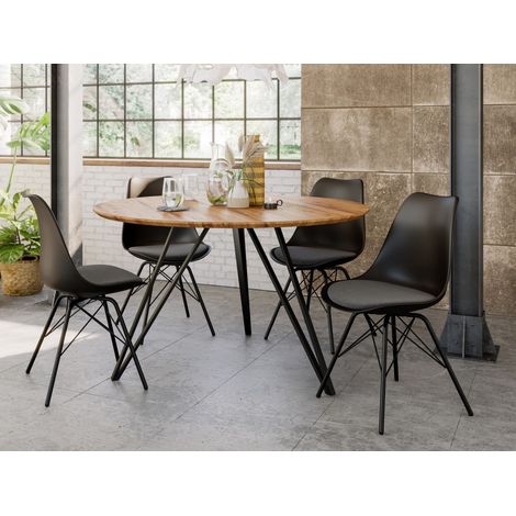 Essgruppe 120 cm Akazie naturfarben Schweizer Kante Metallfuß mit 4 Stühlen INSA (1/5)