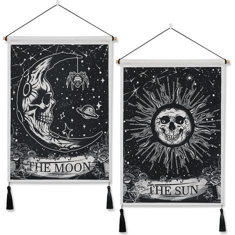 Set aus 2 psychedelischen Tarot-Wandteppichen, Totenkopf-Wandteppich, Sonne und Mond (1/5)
