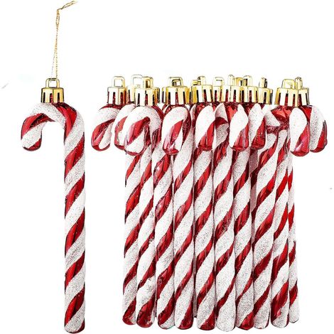 Set mit 12 zuckerstangenförmigen Weihnachtsbaumdekorationen (Weiß/Rot) (1/5)