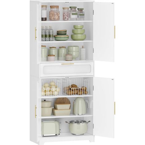 Buffet Haut Cuisine, Meuble de Rangement avec 4 Portes, Armoire de Cuisine avec 1 Grand Tiroir, Armoire de Rangement, Étagères Réglables, pour Salle à Manger, Salon, Blanc (1/5)
