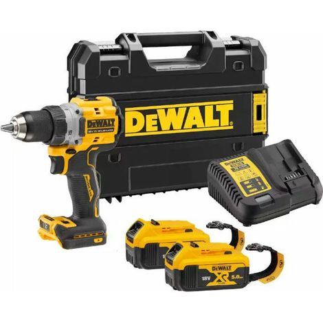 Atornillador DEWALT DCD800P2T, 18V, 90Nm, 2x 5,0Ah, motor sin escobillas, diseño ergonómico, incluye cargador, batería y sistema TSTAK, listo para Lanyard