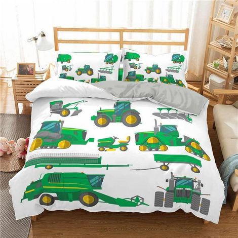 Parure de lit 200x200cm Vert avec tracteurs, 2 taies d'oreiller 80x80cm, Microfibre