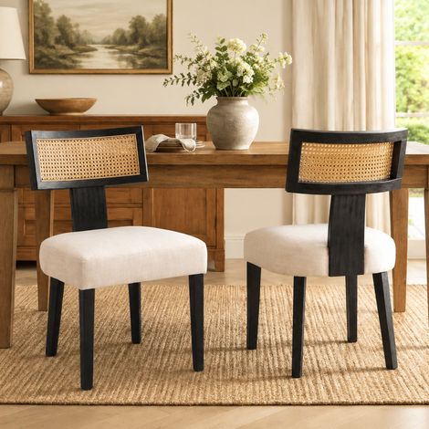 Wahson Lot de 2 chaises de salle à manger en bois massif et rotin – Assise en éponge épaisse – Hauteur 50 cm – Style rétro noir, Noir