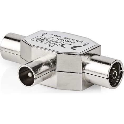 Adaptador de antena y satélite  IEC (coaxial) Hane  2x coaxial Hona  Platerado de níquel  75 ohmios  Divisor en T  Metales  Plata  1º.  Cubrir