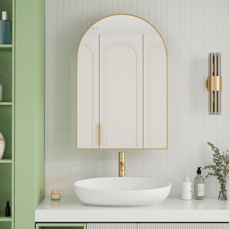 Armadietto specchio da bagno in metallo oro, ad arco, installazione a parete o incasso, con 2 ripiani in vetro (1/5)