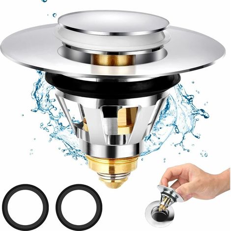 Bonde de Lavabo, Filtre de Bouchon Evier Baignoire Universel Acier Inoxydable de Noyau de Rebond avec 2 Joints pour Salle de Bain et Cuisine Diamètre Intérieur 34-38mm Accessoires D'évier (1/5)