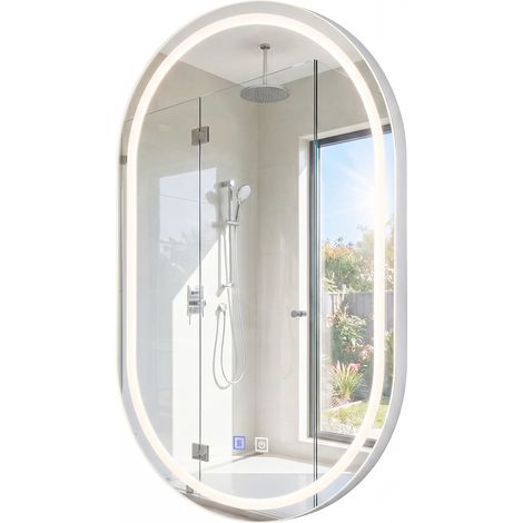 Miroir de Salle de Bain LED Ovale 80 x 50 cm, Miroir Mural Ovale Rétroéclairé avec Fonction Anti-Buée, 3 Couleurs 3000K-6500K, Dimmable, Cadre Métal (1/5)