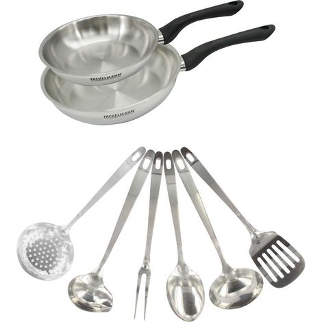 Set 2 poêles 20 et 24 cm en inox et 6 ustensiles inox Fackelmann Geneva (1/5)