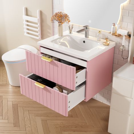 Meuble lave-mains MDF rose et blanc avec vasque en céramique, double rangement (1/5)