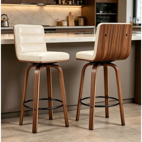 Taburete de bar giratorio con asiento de PU, respaldo ergonómico, anillo reposapiés, metal y madera, crema (1/5)