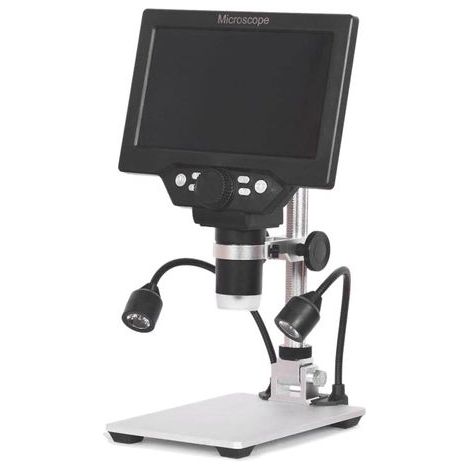 Microscopio digital G1200 con pantalla LCD a color de 7 pulgadas, 12 MP, aumento continuo de 1 a 1200X, soporte de aleación de aluminio y 2 lámparas (1/5)
