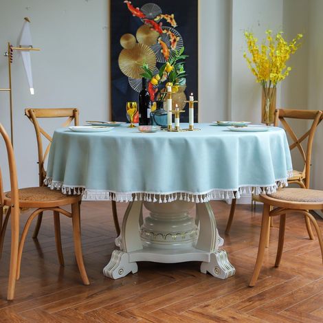 Nappe ronde coton lin avec franges bleu sarcelle 220 cm