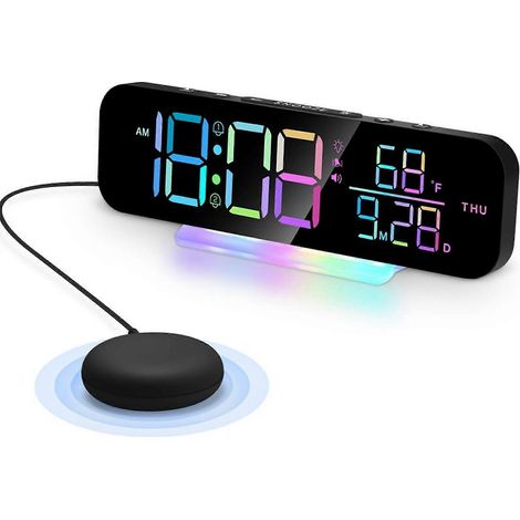 Réveil vibrant, alarme ultra-puissante, avec fonction de vibration pouvant faire vibrer la surface du lit. Plusieurs modes d'affichage, avec veilleuse LED RGB multicolore. (1/5)