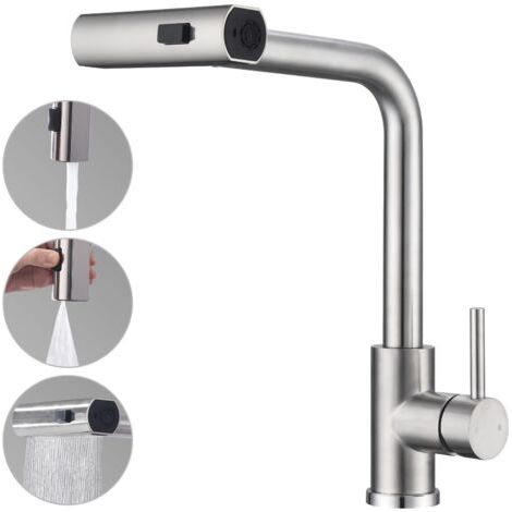 BUNTHAUS Robinet de cuisine extensible avec 3 types de jet, robinet d'évier avec douchette, robinet de cuisine pivotant à 360°, mitigeur de cuisine en acier inoxydable brossé (1/4)