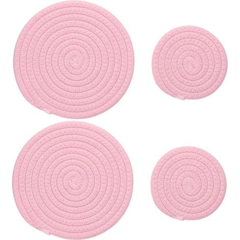 Dessous de plat pour plantes 10 x 18 cm, lot de 4 tapis de sol tissés ronds, pour l'intérieur et l'extérieur, pots de jardin, table de cuisine, rose (1/5)