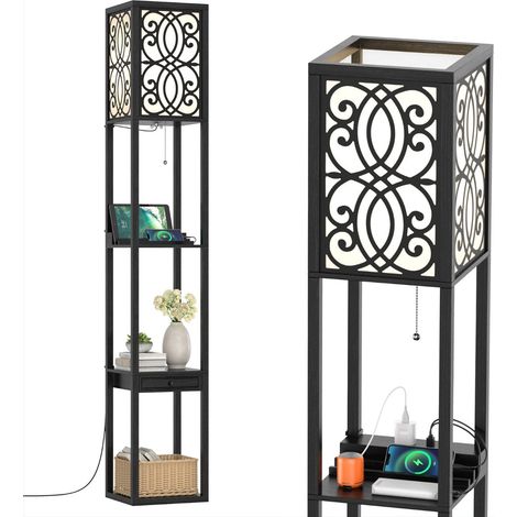 Lámpara de pie moderna con 3 estantes y cajón 26 x 26 x 160 cm estación de carga integrada ambiente acogedor MDF negro 200019482
